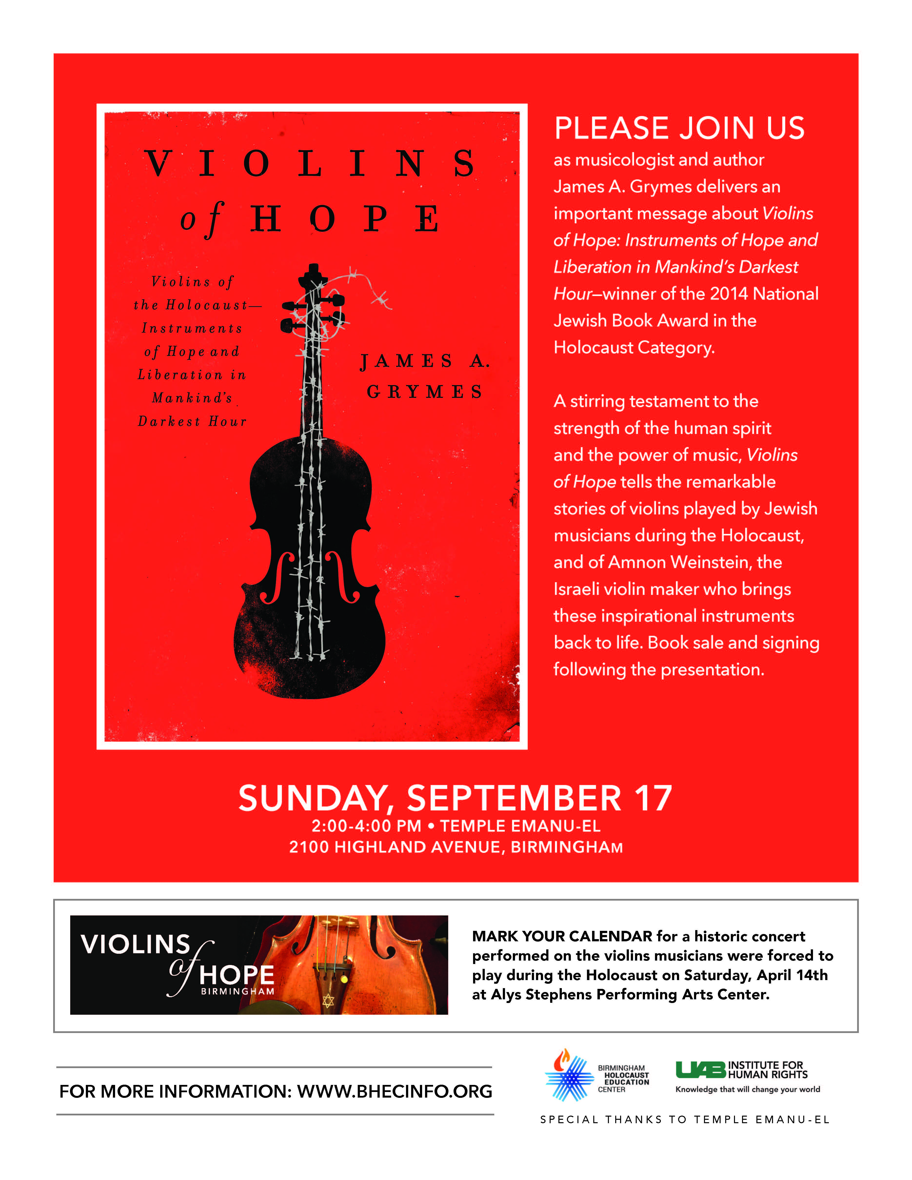 "Violins of Hope" Book Talk and Signing, featuring awardwinning author